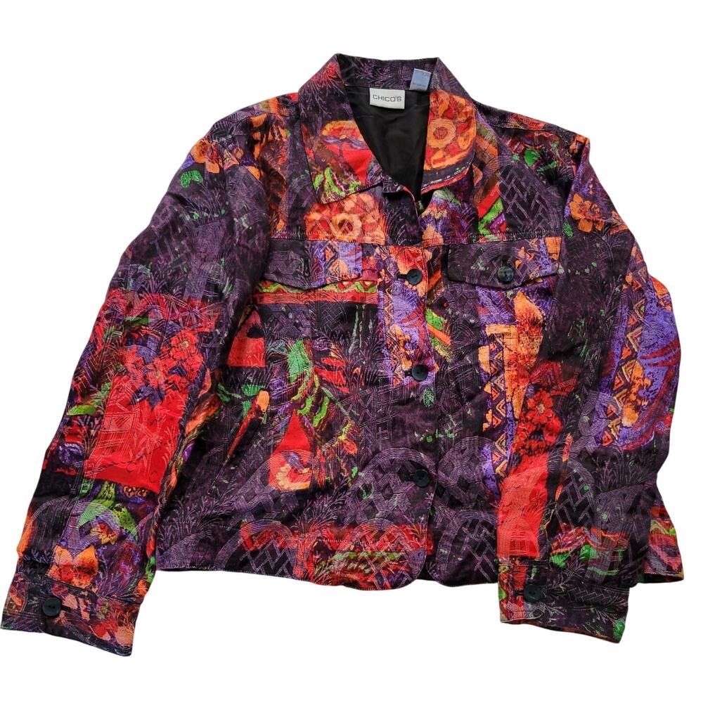 Chico's Size 1 Jacket Linen Silk Blend Colorful Print Buttons Long Sleeve Medium